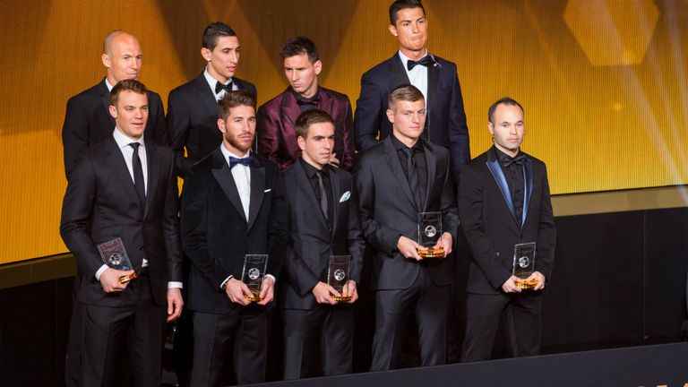 ZURICH, SWITZERLAND - JANUARY 12: The FIFA FIFPro World XI for 2014 receive their awards during the FIFA Ballon d'Or Gala 2014