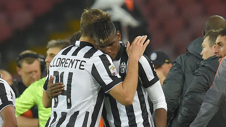 Paul Pogba of Juventus celebrates after scoring the opening goal during the Serie A match between SSC Napoli and Juventus FC