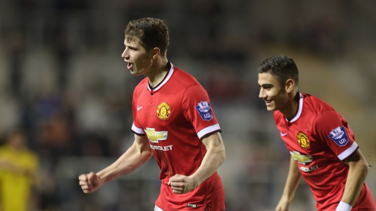 Patrick McNair U21s celebrates scoring their second goal during the Barclays U21 Premier League match between Manchester United and Liverpool.