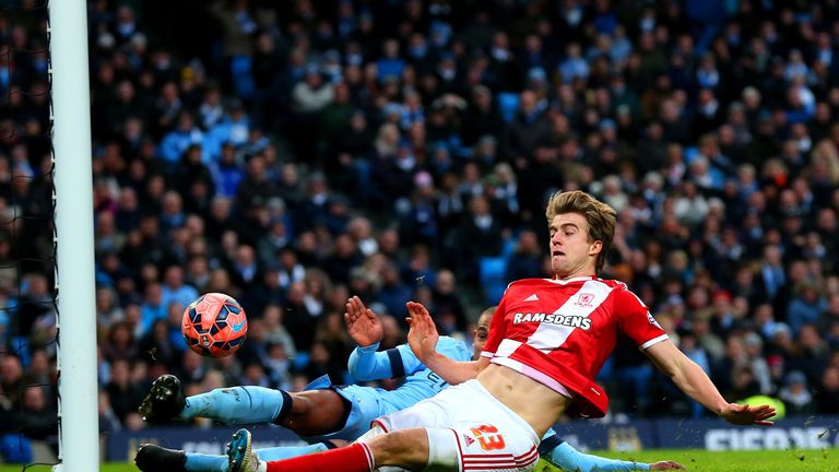 Middlesbrough's Patrick Bamford slides to deflect the ball into the back of the net at but his side 1-0 up