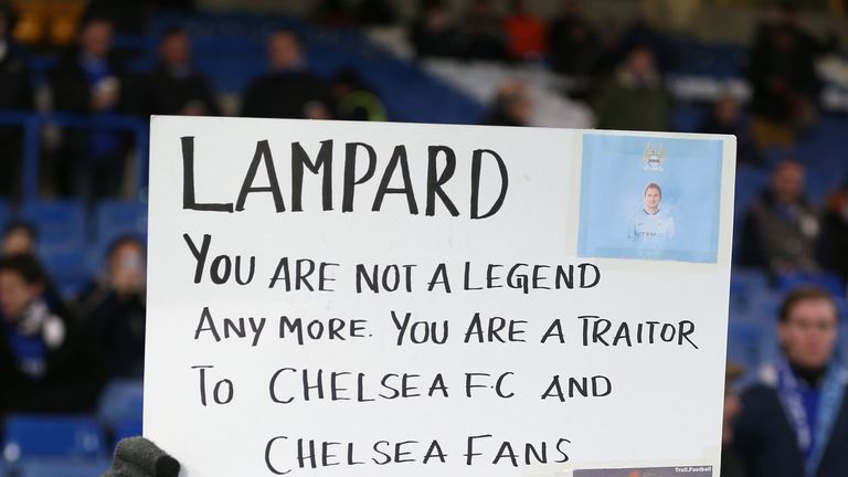 LONDON, ENGLAND - JANUARY 31:  Chelsea fans hold up signs to former Chelsea player Frank Lampard of Manchester City during the Barclays Premier League 
