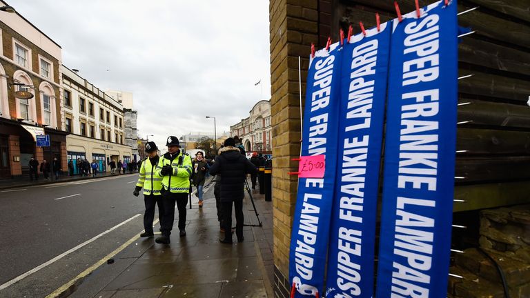 LONDON, ENGLAND - JANUARY 31: 'Super Frankie Lampard' flags are seen for sale outside the ground ahead of the Barclays Premier League match between Chelsea