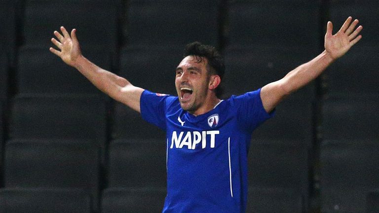 MILTON KEYNES, ENGLAND - JANUARY 02:  Gary Roberts of Chesterfield celebrates his goal during the FA Cup Second Round Replay match between MK Dons and Ches