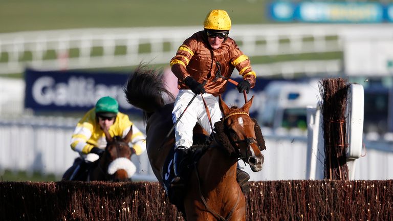 CHELTENHAM, ENGLAND - JANUARY 24:  Daryl Jacob riding Generous Ransom clear the last to win The Timeform Novices Handicap Steeple Chase at Cheltenham racec