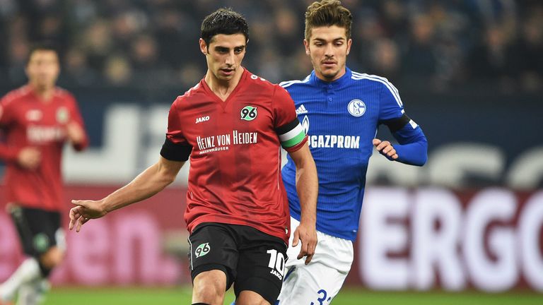 GELSENKIRCHEN, GERMANY - JANUARY 31:   Roman Neustadt of Schalke  challenges Lars Stindl of Hannover 