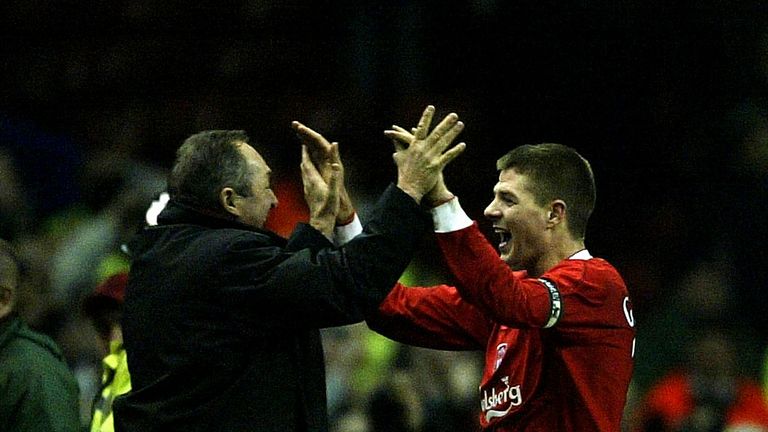 LIVERPOOL, ENGLAND - FEBRUARY 26:  Steven Gerrard of Liverpool celebrates with Gerard Houllier after scoring the first goal during the UEFA Cup third round