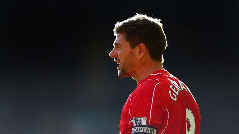 Steven Gerrard of Liverpool looks on during the Barclays Premier League match between Liverpool and West Bromwich Albion 