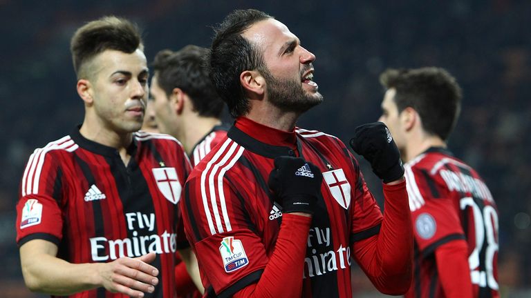 Giampaolo Pazzini of AC Milan celebrates after scoring the opening goal during the TIM Cup match between AC Milan and US Sassuo
