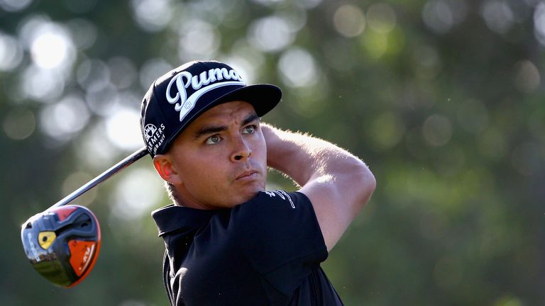 Rickie Fowler of the USA plays his tee shot on the 16th hole  during the first round of the Abu Dhabi HSBC Golf Championship