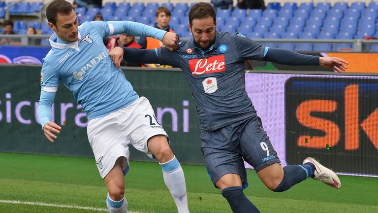 Lazio's defender Stefan Radu from Romania (L) vies with Napoli's forward Gonzalo Higuain
