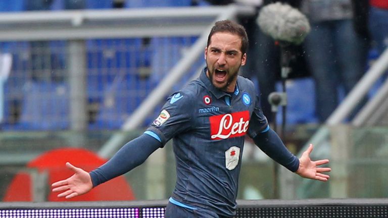 Gonzalo Higuain of SSC Napoli celebrates after scoring the opening goal during the Serie A match between SS Lazio and SSC Napoli