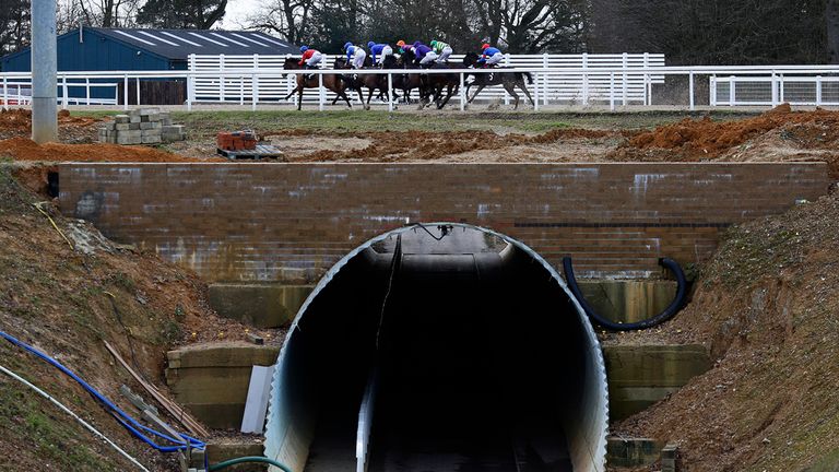 CHELMSFORD, ENGLAND - JANUARY 11: Runners make their way down the back straight in The Weatherbys Printing Handicap Stakes at Chelmsford City racecourse on