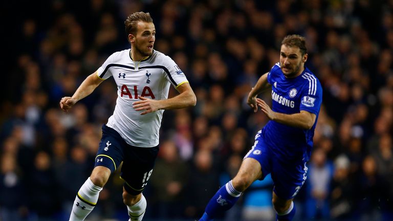 Harry Kane of Spurs runs with the ball under pressure from Branislav Ivanovic of Chelsea