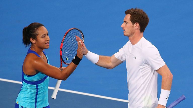 Andy Murray and Heather Watson of Great Britain celebrate winning a point v France at the Hopman Cup