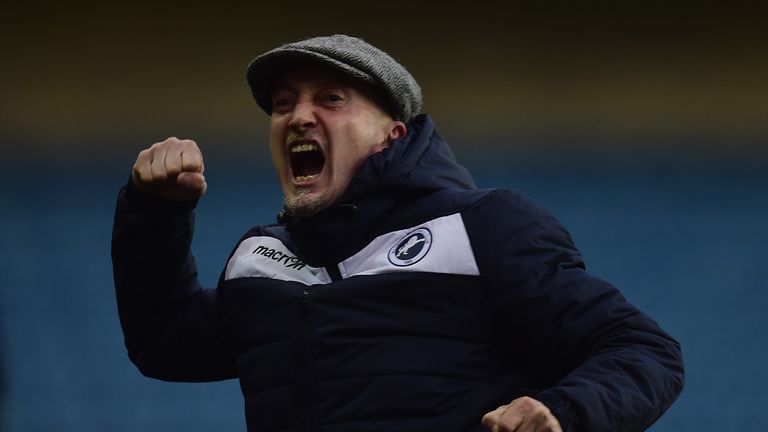 Ian Holloway of Millwall celebrates his teams first goal during the FA Cup Third Round match between Millwall and Bradford City at The Den