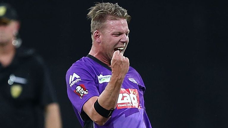 Jake Reed celebrates the wicket of Aiden Blizzard 
