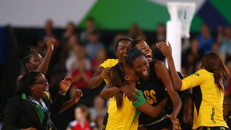 GLASGOW, SCOTLAND - AUGUST 03:  The Jamaican team celebrate victory in the bronze medal netball match between Jamaica and England at the SECC Precinct duri