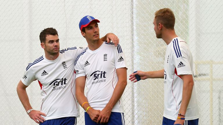 LONDON, ENGLAND - MAY 14:  James Anderson , Steve Finn and Stuart Broad chat during a training session at Lord's Cricket Ground on May 14, 2013 in London, 