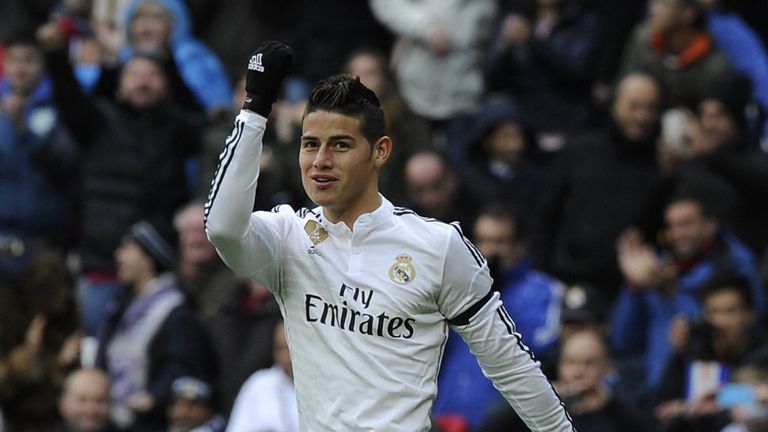 Real Madrid's Colombian midfielder James Rodriguez celebrates after scoring during the Spanish league 