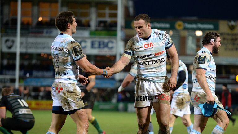 Jamie Roberts of Racing Metro 92 celebrates at the end of the match during the European Rugby Champions Cup match v Northampton