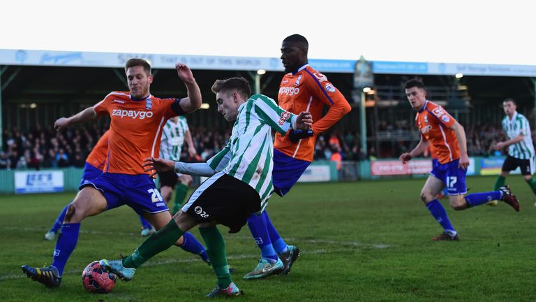 Blyth player Jarrett Rivers crosses for the first goal during the FA Cup Third Round match between Blyth Spartans and Birmingham