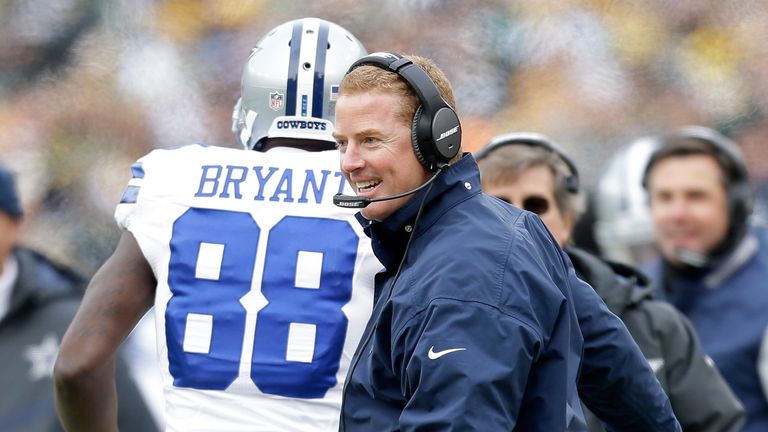 GREEN BAY, WI - JANUARY 11:  Head coach Jason Garrett of the Dallas Cowboys reacts after a touchdown against the Green Bay Packers  to the 2015 NFC Divisio