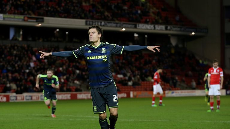 BARNSLEY, ENGLAND - JANUARY 03:  Jelle Vossen of Middlesbrough celebrates  his goal during the FA Cup Third Round match between Barnsley and Middlesbrough 
