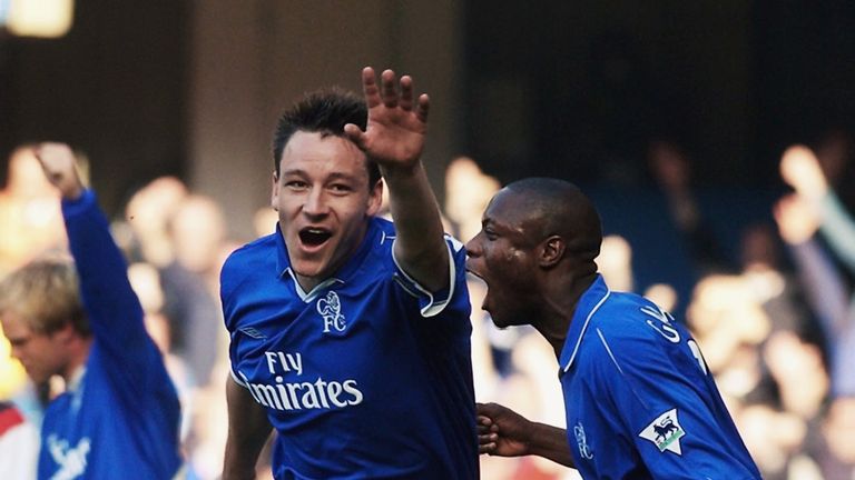 John Terry of Chelsea celebrates scoring the second goal during the FA Barclaycard Premiership match between Chelsea and Manchester City in 2003