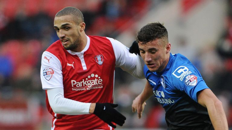 Rotherham United's Jordan Bowery (left) and AFC Bournemouth's Baily Cargill during the FA Cup Third Round match at the AESSEAL New York Stadium, Rotherham.