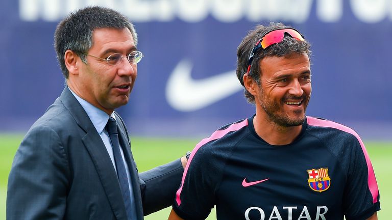 BARCELONA, SPAIN - JULY 25:  FC Barcelona President Josep Maria Bartomeu and Head coach Luis Enrique look on during a FC Barcelona training session at Ciut