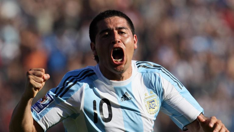 Argentine midfielder Juan Roman Riquelme celebrates after scoring against Bolivia in 2007 during the South American qualifiers for the 2010 World Cup.