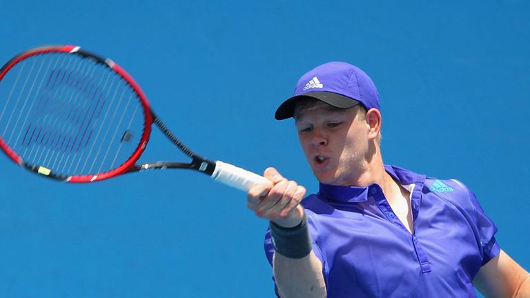 Kyle Edmund of Great Britain plays a forehand in his qualifying match against Dane Propoggia of Australia