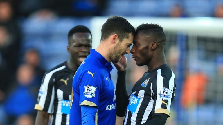 Leicester City's David Nugent and Newcastle United's Massadio Haidara (right) go head to head during the FA Cup Third Round match at the King Power Stadium