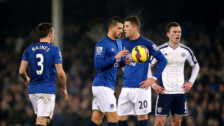Everton's Leighton Baines and Kevin Mirallas ahead of the penalty being taken 