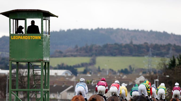 DUBLIN, IRELAND - JANUARY 25: A general view as runners pass the stewards' tower at Leopardstown racecourse.