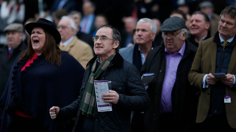 DUBLIN, IRELAND - JANUARY 25: Racegoers show animation as the race nears its finish at Leopardstown racecourse on January 25, 2015 in Dublin, Ireland. (Pho
