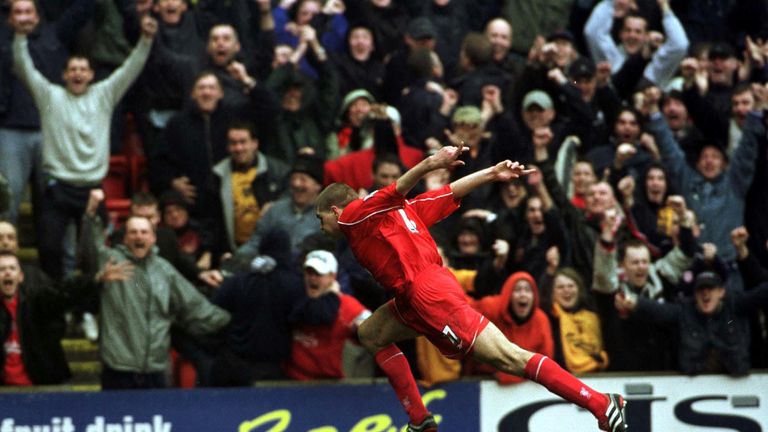Steven Gerrard of Liverpool celebrates after scoring the first goal against Manchester United in the FA Carling Premiership match at Anfield in March 2001