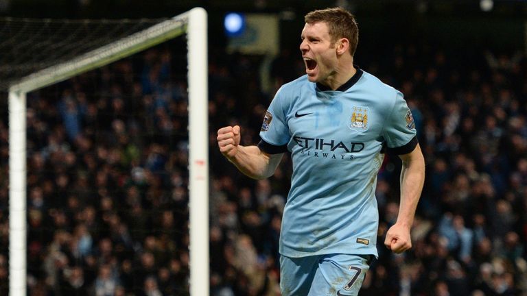 Man City's James Milner celebrates scoring his team's first goal during the English FA Cup third round football match against Sheffield Wednesday