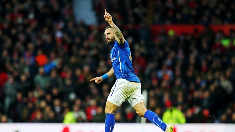 Marcin Wasilewski of Leicester City celebrates after scoring against Manchester United