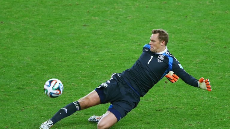 PORTO ALEGRE, BRAZIL - JUNE 30:  Goalkeeper Manuel Neuer of Germany makes a save during the 2014 FIFA World Cup Brazil Round of 16 match between Germany an