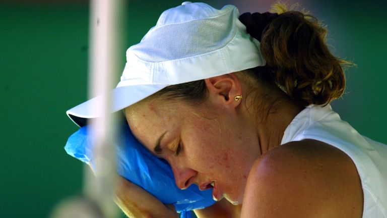 26 Jan 2002:   Martina Hingis of Switzerland feels the heat against Jennifer Capriati in the Australian Open final