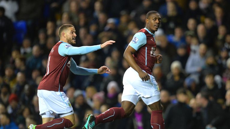 Burnley striker Marvin Sordell (R) celebrates