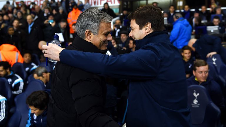 Mauricio Pochettino is greeted by Jose Mourinho 