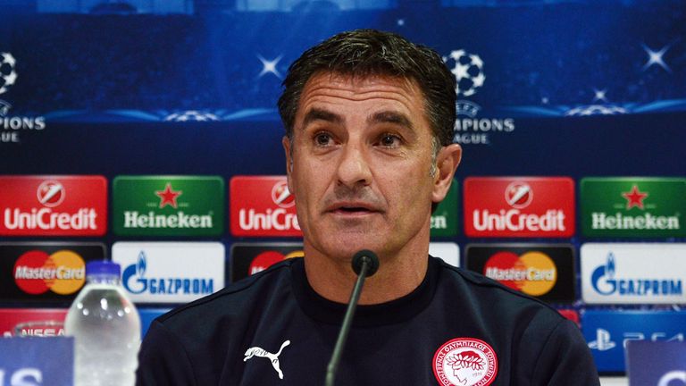 Olympiakos' Spanish coach Michel gives a press conference on the eve on the group A Champions League 