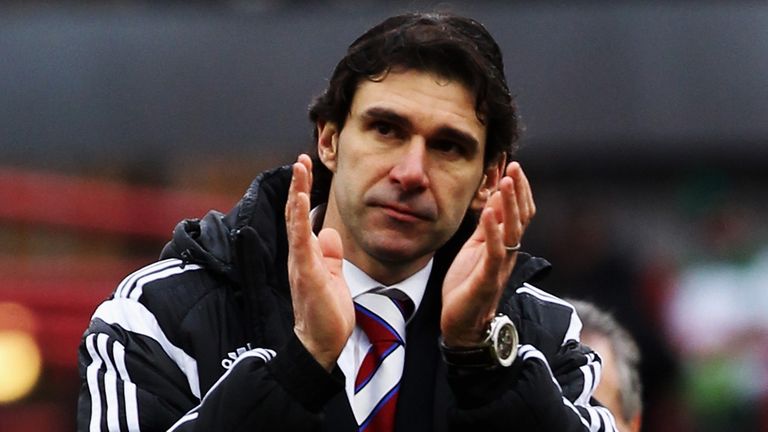Middlesbrough manager Aitor Karanka acknowledges his sides fans following their win at Brentford