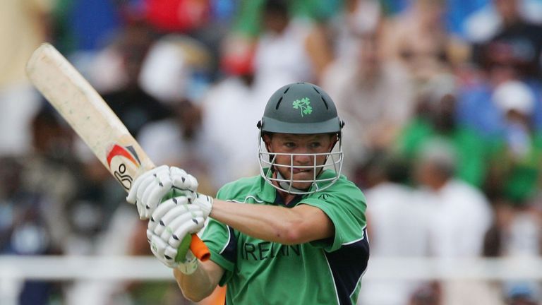 KINGSTON, JAMAICA - MARCH 17:  Niall O'Brien of Ireland hits out on his way to making fifty runs during the ICC Cricket World Cup 2007 Group D match betwee