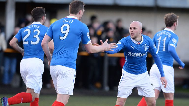 Nicky Law says thanks to Jon Daly after firing Rangers ahead against Alloa at the Recreation Ground