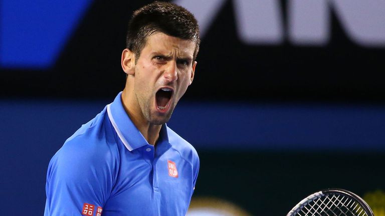 Novak Djokovic of Serbia celebrates a point in his semifinal match against Stanislas Wawrinka of Switzerland in their Australian Open semi-final