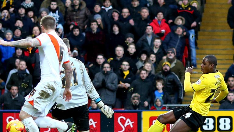 Odion Ighalo of Watford scores his team's third goal against Blackpool