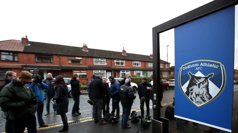 Media gather at Oldham Athletic's Boundary Park ground on January 5, 2015 in Oldham, England